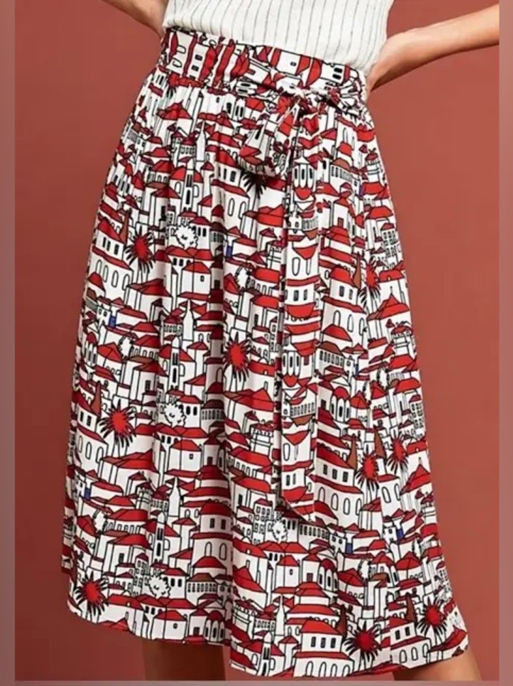 Porridge by Anthropologie Cityscape Print Lined Drawstring A-Line Skirt Size S